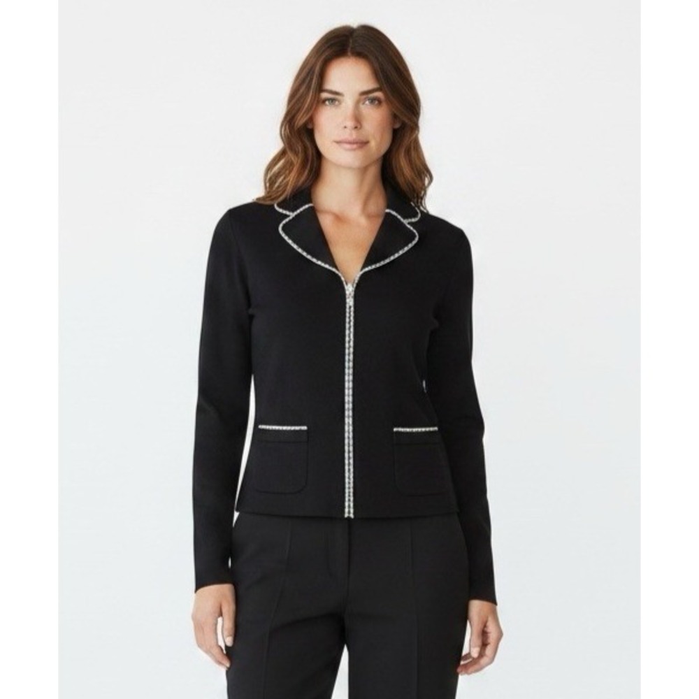Exclusively Misook Women's S Full Zip Fine Knit Cardigan Sweater Black & White